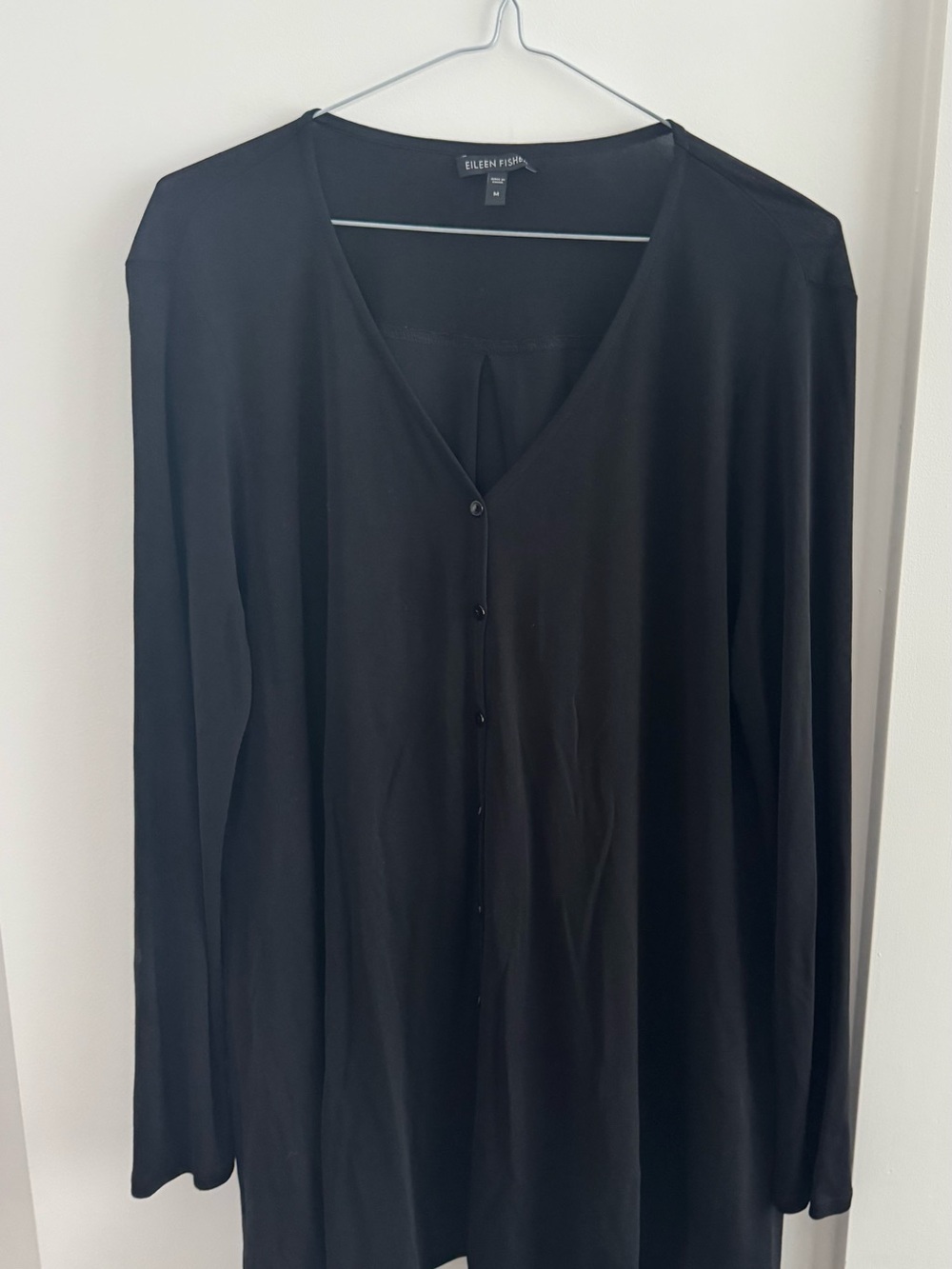 Eileen Fisher  Silk Black Button-Front V-Neck Long Sleeve Top